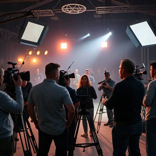 A wide shot of a film crew working on set with cameras, lights, and actors, showcasing the collaborative nature of filmmaking.