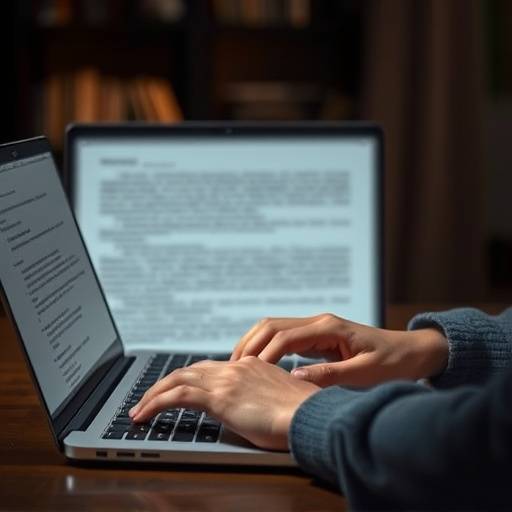 An author typing on a laptop, highlighting the importance of crafting compelling narratives in screenwriting.