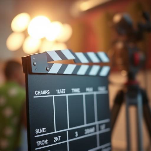 Close-up of a clapperboard with film equipment in the background, representing the start of a new film project.